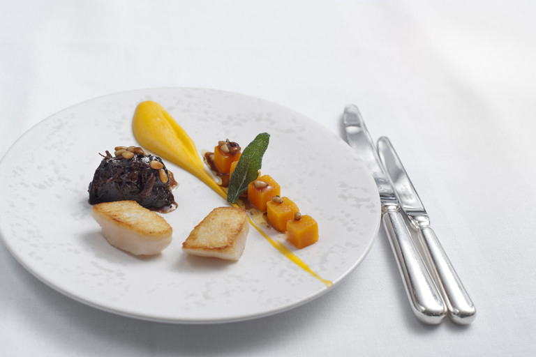Scallops with Meantime London pale ale braised beef, butternut squash and sage brown butter