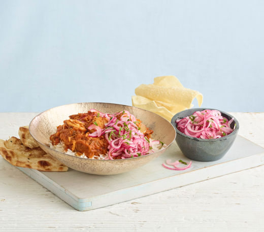 Quick chicken curry with coriander and red onion pickle