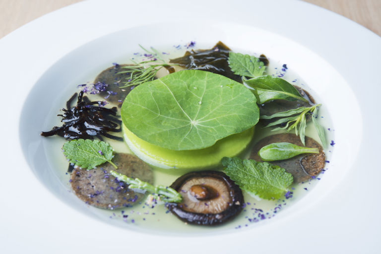 Seascape with doubloons of buckwheat, pea cream, yuzu and lemongrass broth