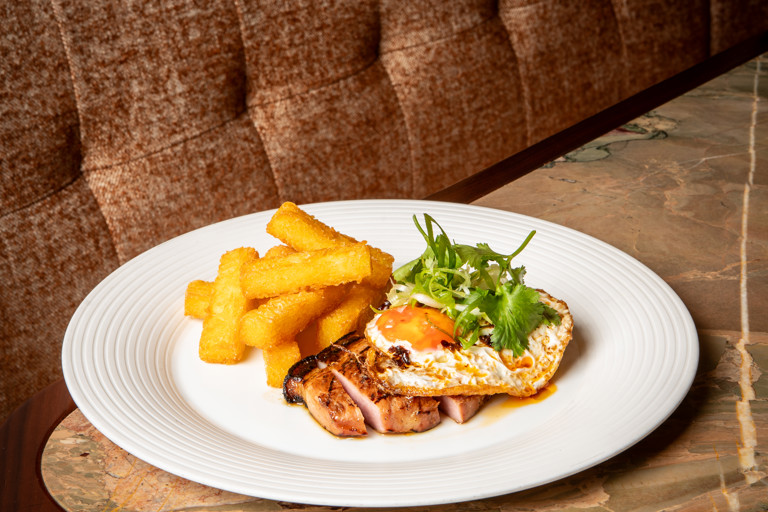 Char siu-marinated gammon, egg and chips