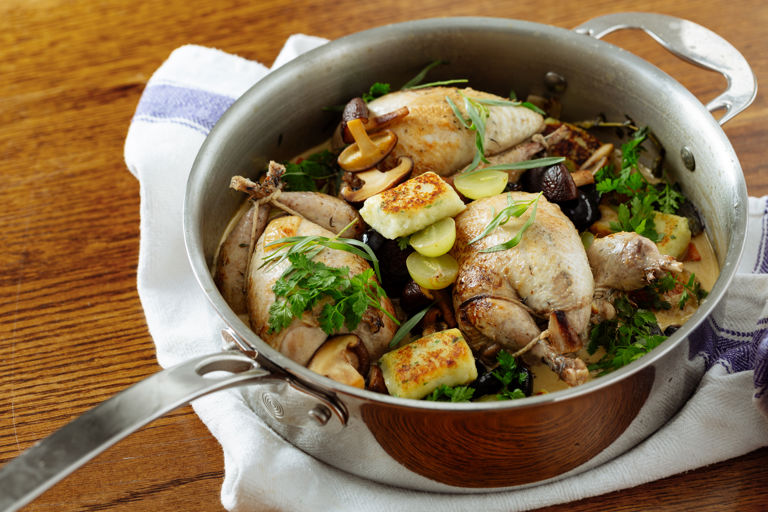 Pot-roasted partridge with grapes, gnocchi and mushrooms