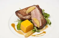 Roast duck crowns with wilted watercress, butternut squash mousse and bigarade sauce 