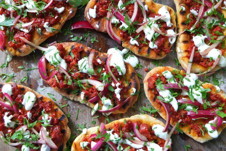 Chorizo flatbreads with pink pickled onions and feta yoghurt
