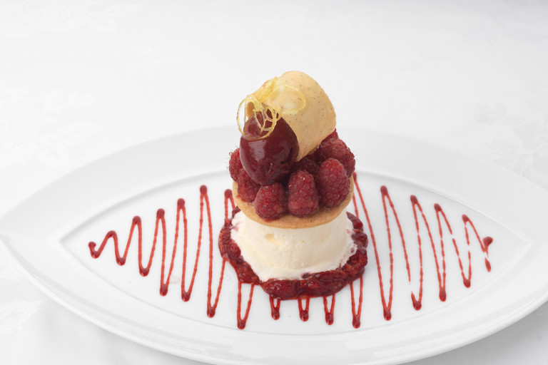 Scottish raspberries on an iced crème fraiché mousse