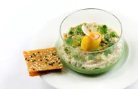 Sweet pea panna cotta with crab and cicely, mango and dashi sorbet, brown crab toast