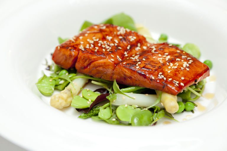 Seared Alaska salmon with maple syrup, lime and soy glaze spring vegetable salad with toasted sesame 