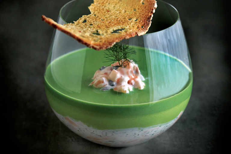 Potted salmon with cucumber, crème fraîche and watercress