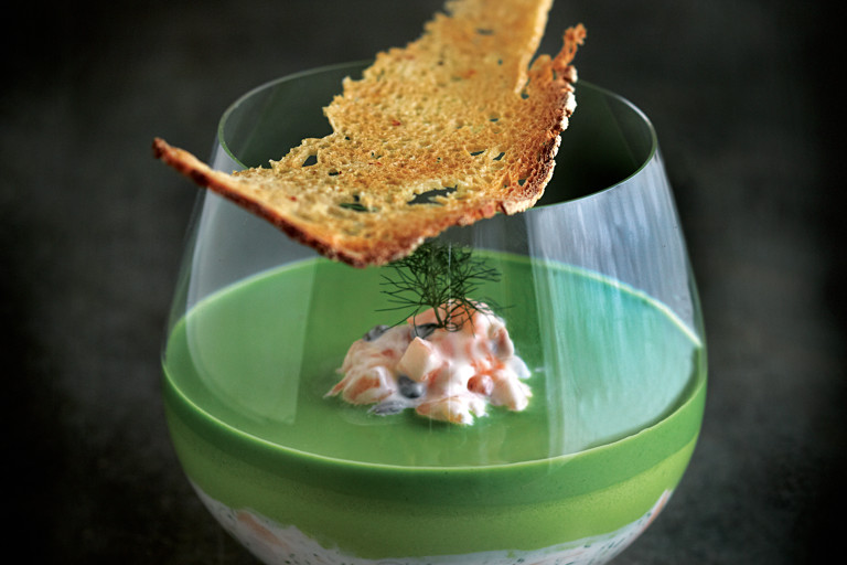Potted salmon with cucumber, crème fraîche and watercress