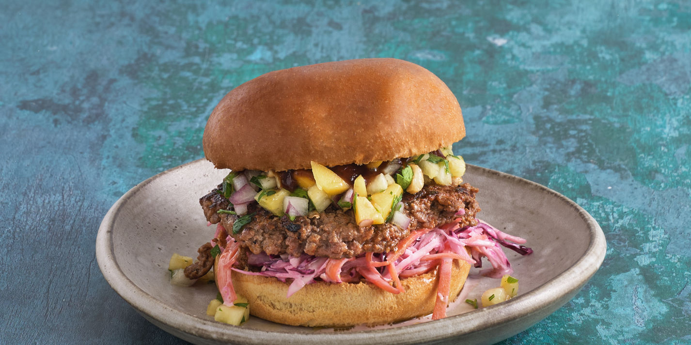 Jerk Smash Burgers with Pineapple Mango Salsa and Lime Slaw Recipe - Great British Chefs