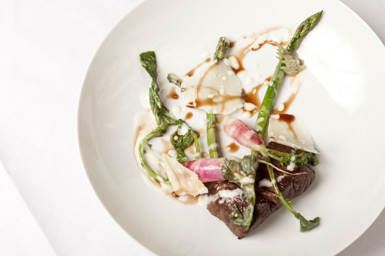 Beef with asparagus, hogweed, radish and Parmesan