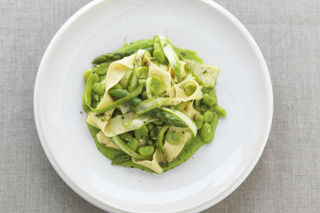 Pappardelle with shaved asparagus, broad beans, marjoram and pea purée