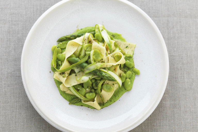 Pappardelle with shaved asparagus, broad beans, marjoram and pea purée 