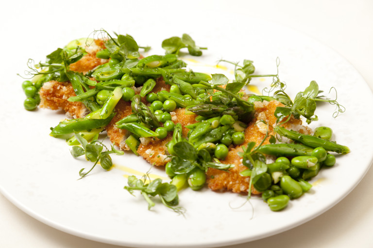 Panko-crumbed turkey salad of spring greens, honey and lavender dressing