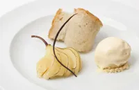 Rum baba with spiced, poached pears and ginger ice cream