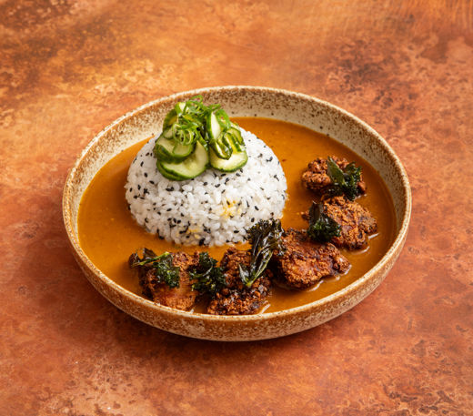 Chicken karaage with kale crisps, black sesame rice and yuzu-pickled cucumber