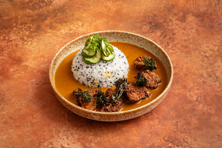 Chicken karaage with kale crisps, black sesame rice and yuzu-pickled cucumber