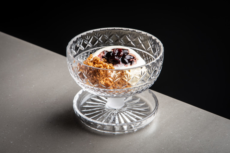 Milk ice cream, brandied cherries and naked oats