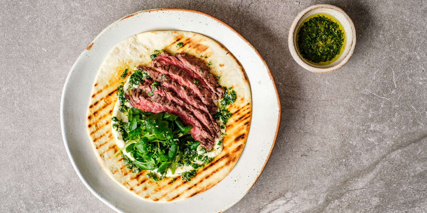 Bavette, Watercress, Pecorino Cream and Gremolata Piadina Recipe - Great British Chefs