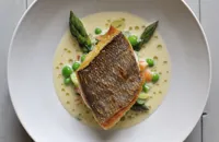 Grilled bream with mustard and tarragon sauce, asparagus and peas