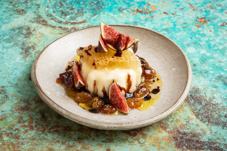 Fig leaf panna cotta with burnt honey and fig chutney
