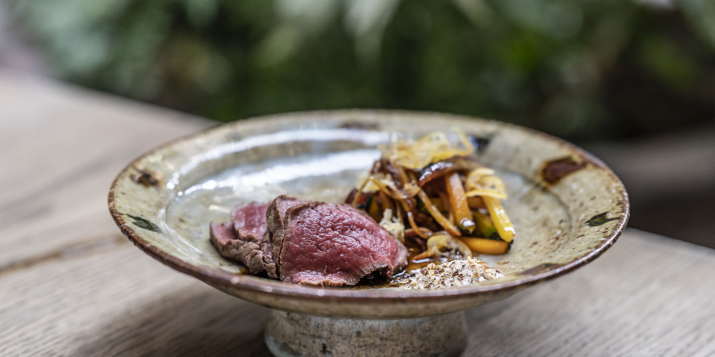 Hojicha Smoked Venison Sashimi and Kabocha Kinpira Recipe - Great British Chefs