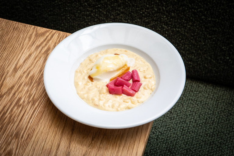 Rice pudding, rice sorbet and rhubarb
