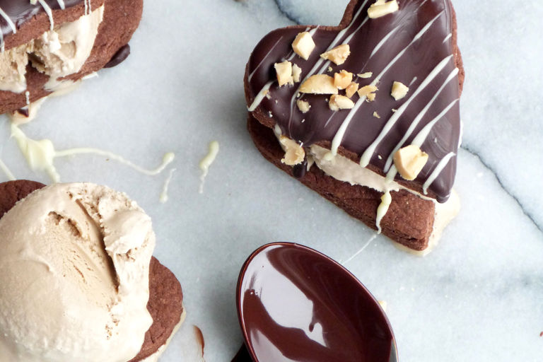 Chocolate, coffee and peanut butter ice cream sandwiches