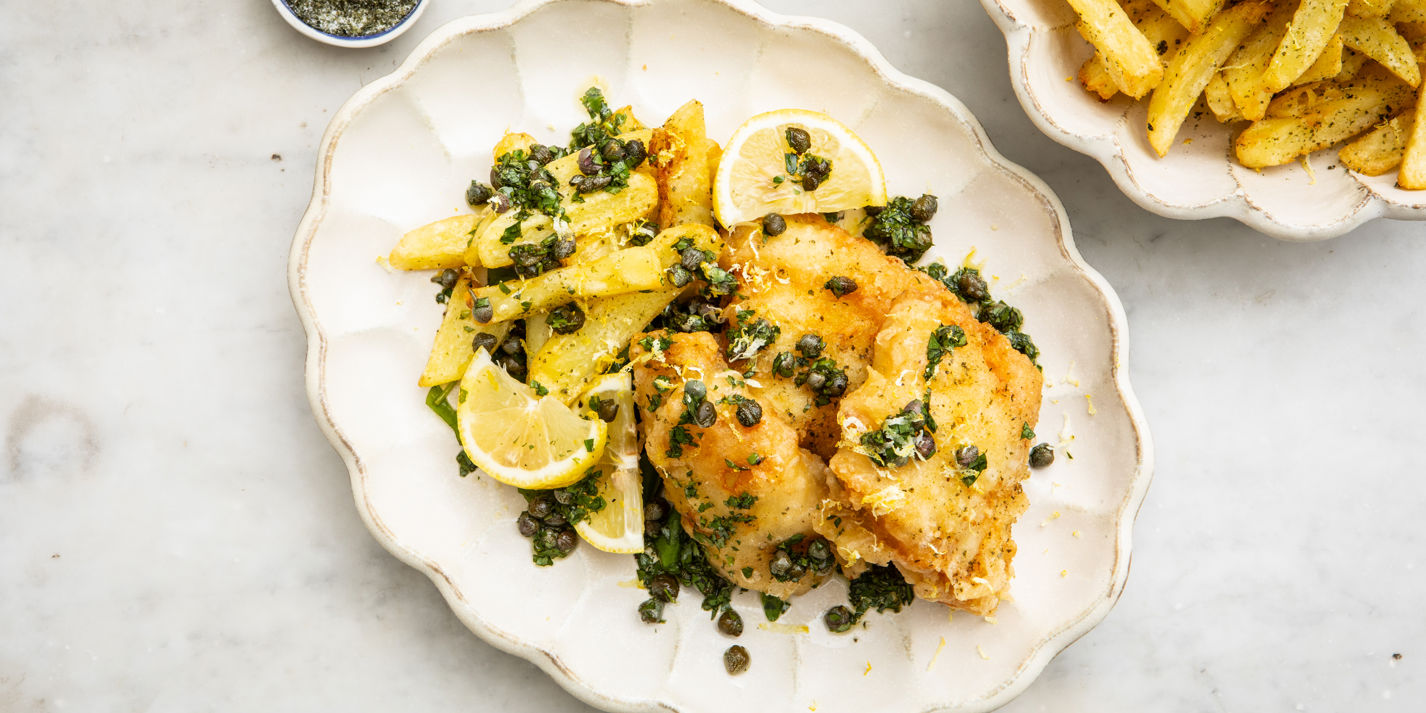 Seaweed Salt Crispy Chips with Honey Vinegar Drizzle and Battered Hake - Great British Chefs