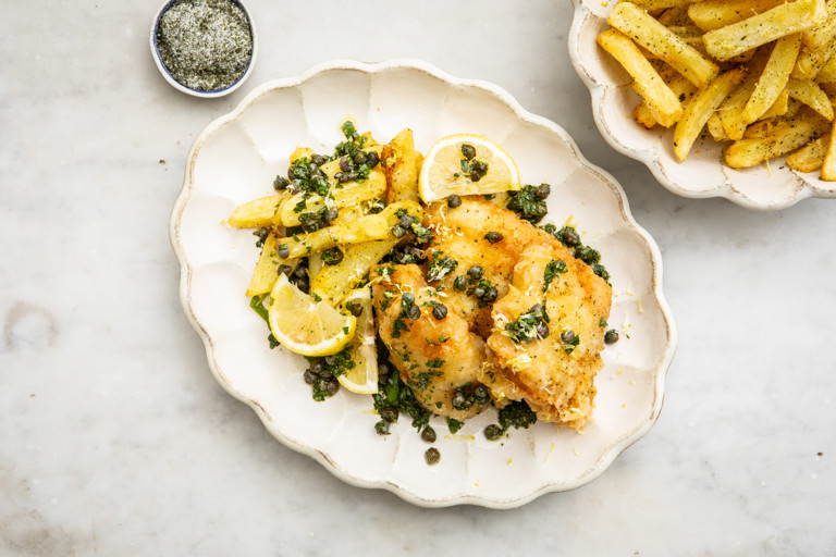 Seaweed salt crispy chips with honey vinegar drizzle and battered hake