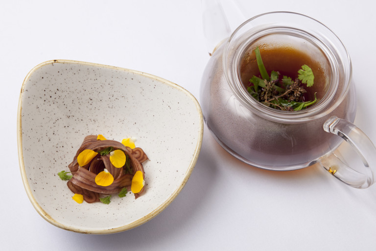 Pork ‘noodles’, piggy tea, mustards, kombu and shony