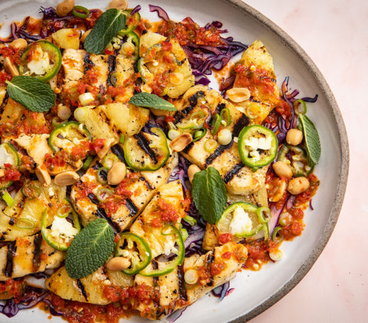 Charred pineapple and halloumi salad with fermented chilli dressing 