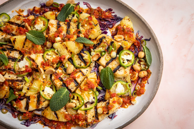 Charred pineapple and halloumi salad with fermented chilli dressing 