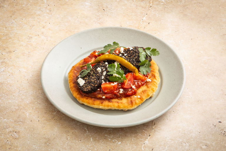 Black pudding and spiced tomato chutney flatbread