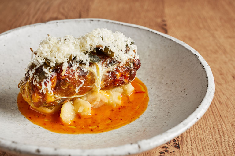 Stuffed cabbage with kimchi, swede, Caerphilly cheese and apple