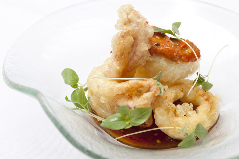 Fried squid with tomato and pepper compôte, tomato salsa and dipping sauce