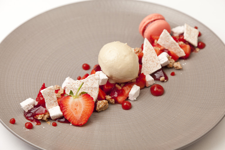 Assiette of strawberries with balsamic vinegar ice cream