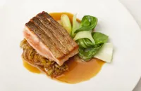 Crispy Alaska salmon with sweet and sour cabbage and spicy sauce