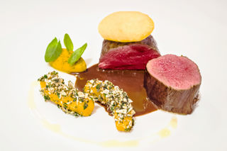 Fallow deer, pumpkin, passion fruit and smoked grand veneur