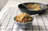 Egg fried rice with smoked bacon and peas