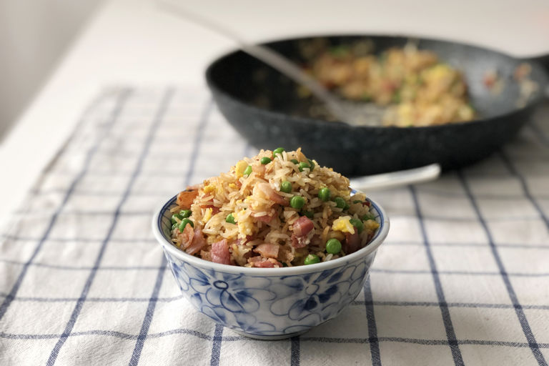 Egg fried rice with smoked bacon and peas