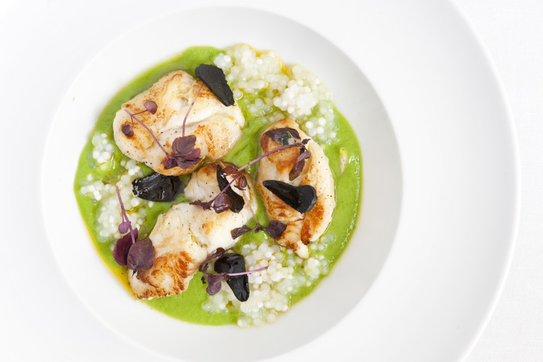 Ray cheeks, black garlic, peas and tapioca