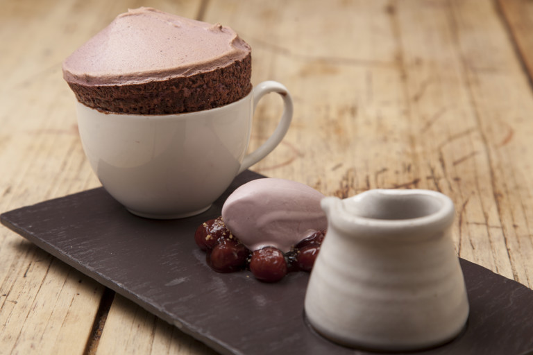 Black cherry soufflé with its own ice cream, hot chocolate 