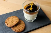 Lemon posset with ginger snap biscuits and Earl Grey soaked prunes with brandy