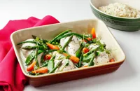 Poached chicken breast with summer vegetables, wholegrain mustard mash and tarragon sauce 