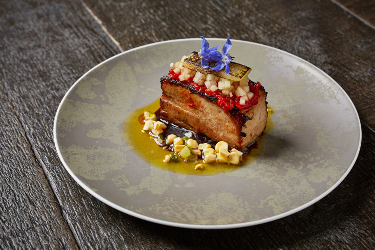 Korean-style pork belly with charred cucumber and sweetcorn