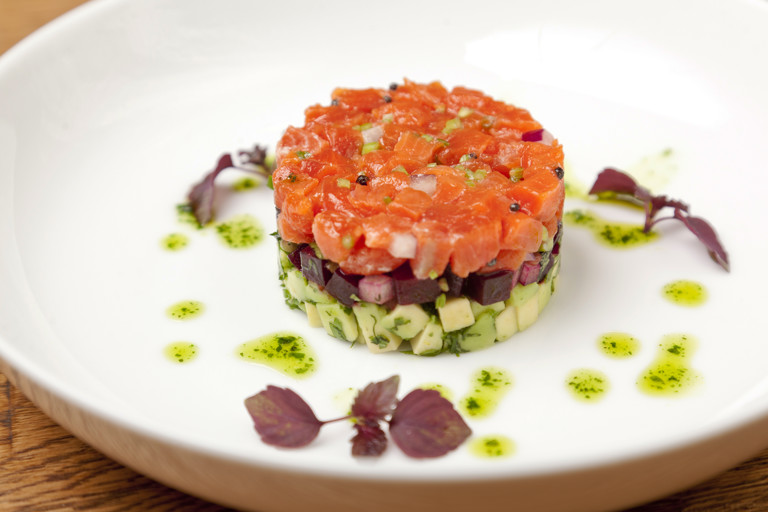 Alaska salmon tartare with beetroot and avocado