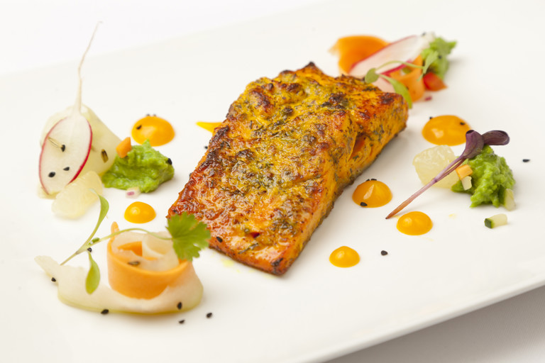 Roasted Alaska salmon, dill and mustard, green pea relish