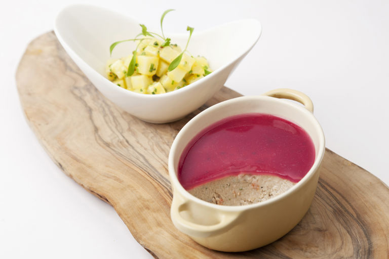 Potted mackerel with cranberry jelly and potato mustard salad