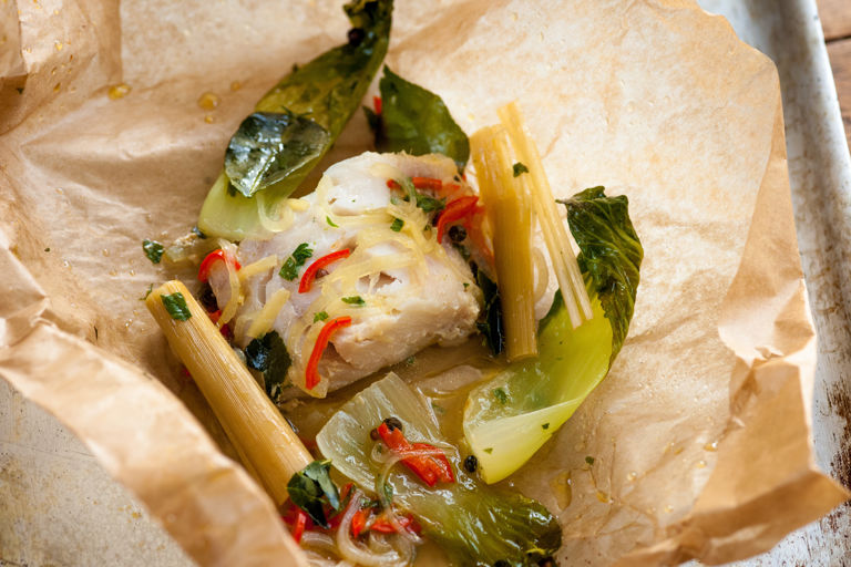 Thai-style haddock in a bag