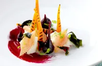 Carrots with smoked trout, mozzarella, wakame seaweed and beetroot emulsion
